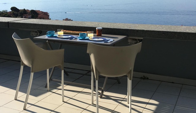 Exceptional view, standing terrace overlooking the Merc bathing beaches 5m Monac