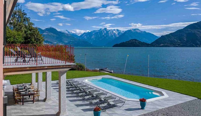 Lake Como lake front Villa rental for 28 people with pool, AC, Wi-Fi, walk to town